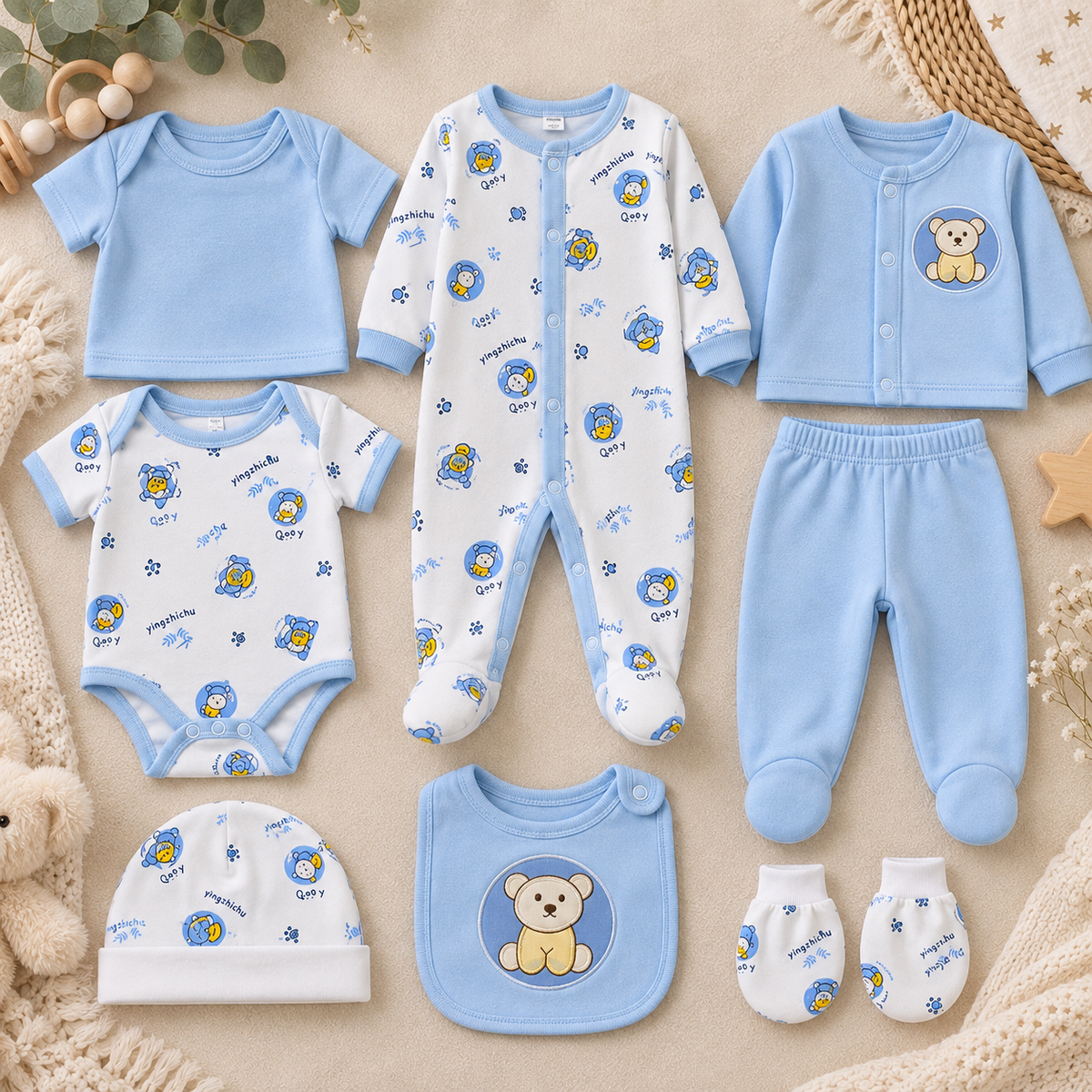 Primera muda 8 piezas estampada osito azul para bebé