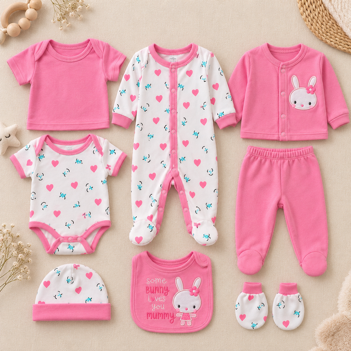 Primera muda 8 piezas estampada osito para niña