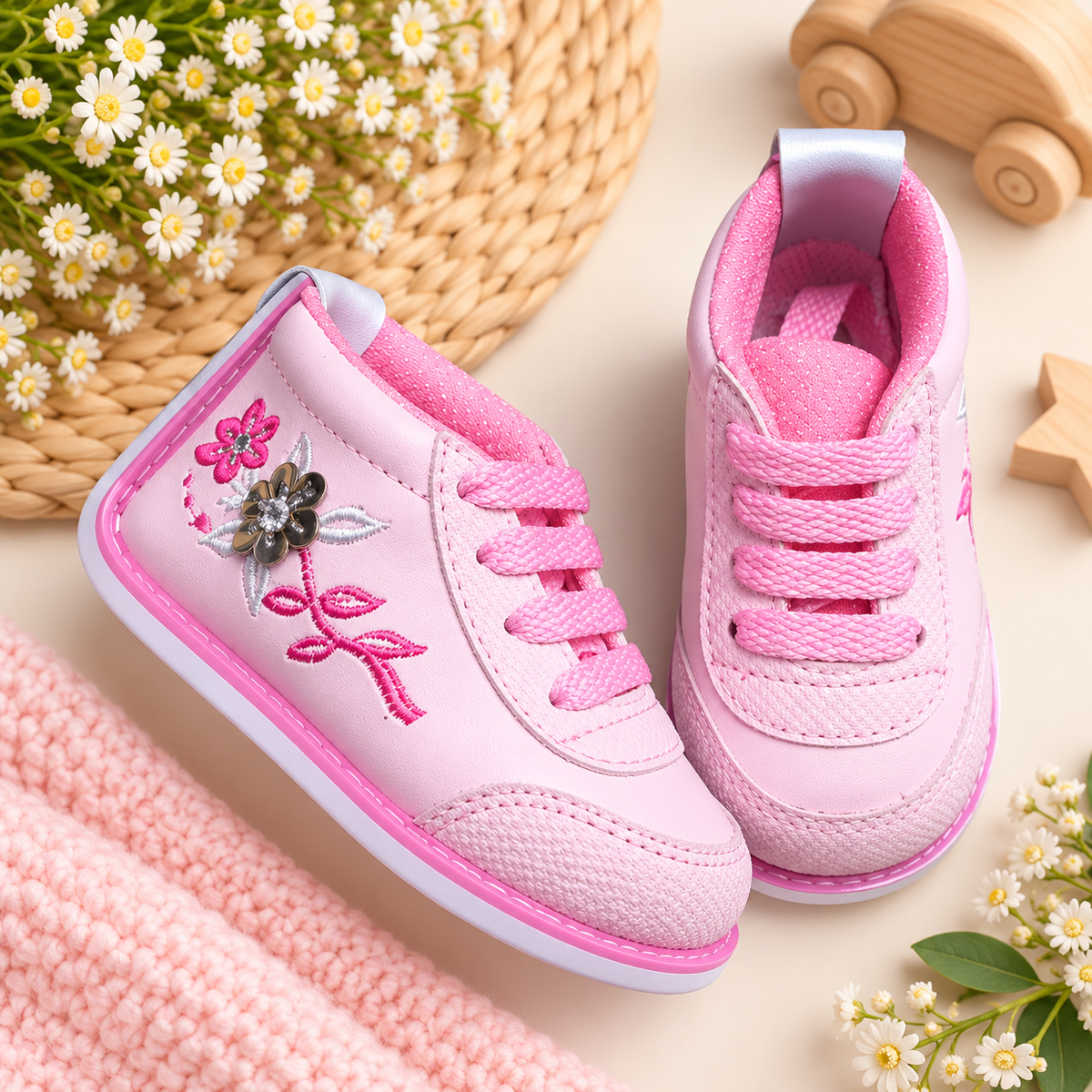 Tenis no tuerce rosados con bordado para niña