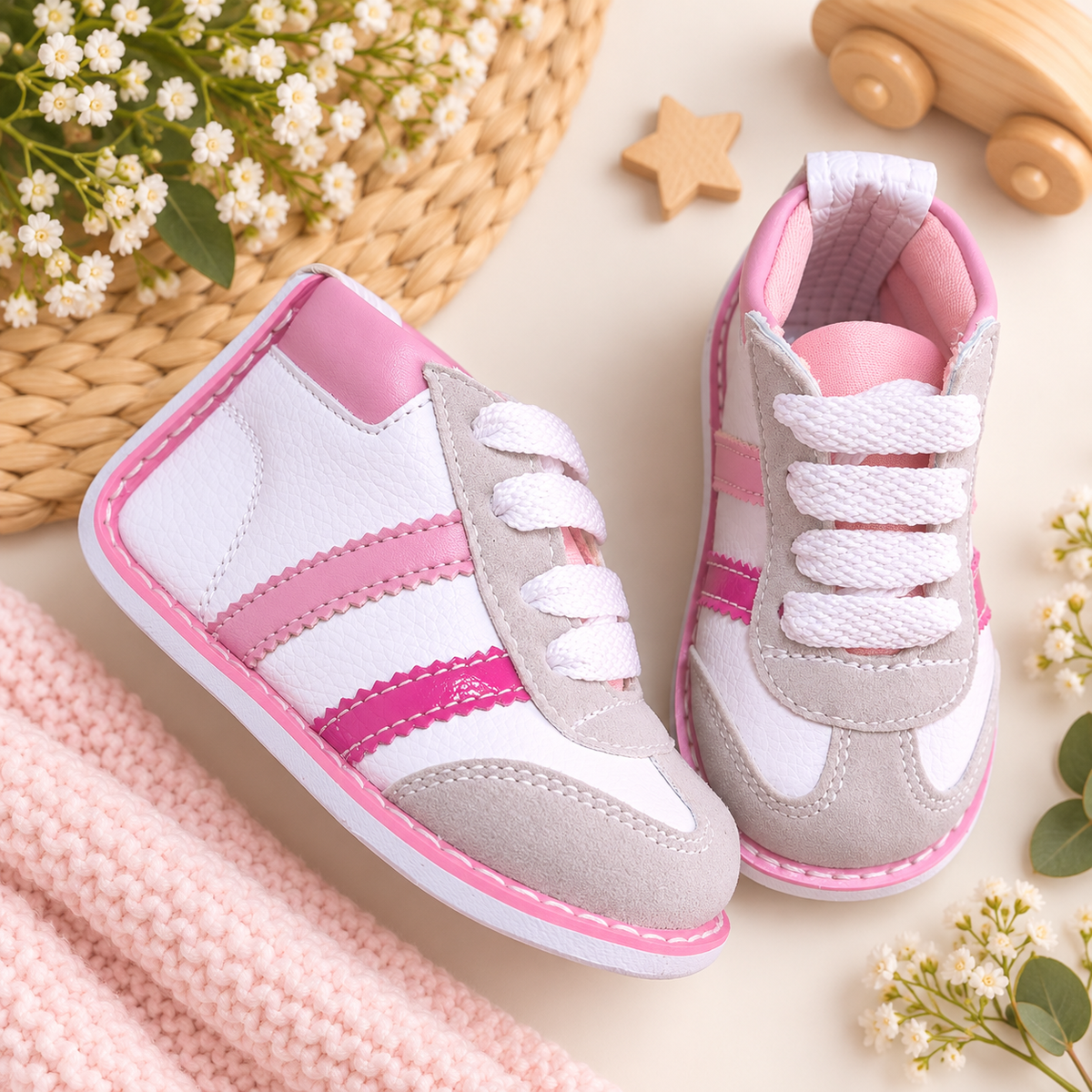 Tenis no tuerce blanco con rosado y fucsia para niña