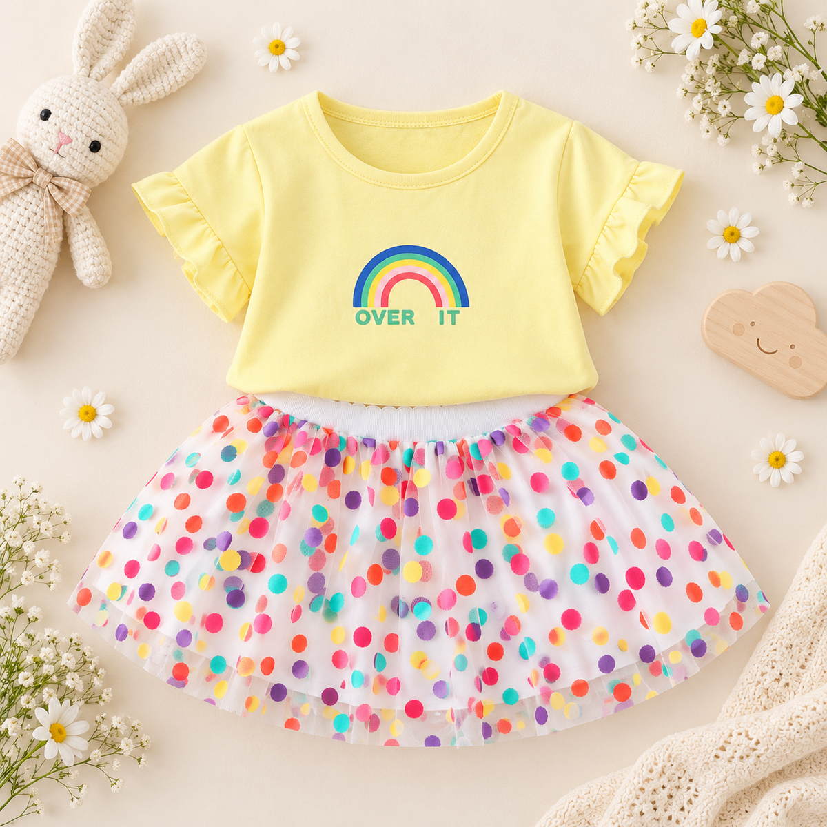 Conjunto con camiseta y faldita de puntos de colores para niña