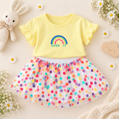 Conjunto con camiseta y faldita de puntos de colores para niña