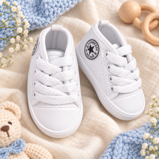 Zapato sin suela tipo converse con cordón para bebé no caminante