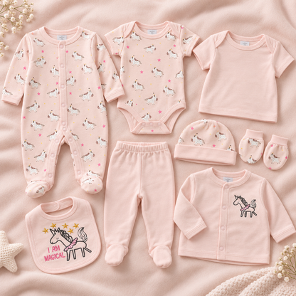 Primera muda 8 piezas estampada unicornio para niña