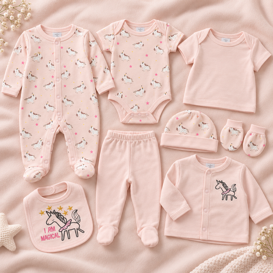 Primera muda 8 piezas estampada unicornio para niña