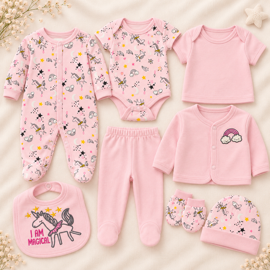 Primera muda 8 piezas estampada unicornio para niña