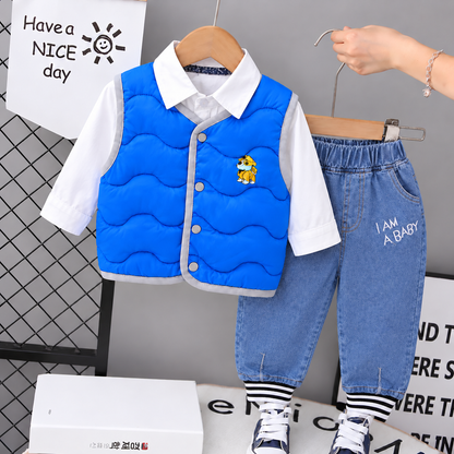 Conjunto con chaleco impermeable, camisa y jean para niño