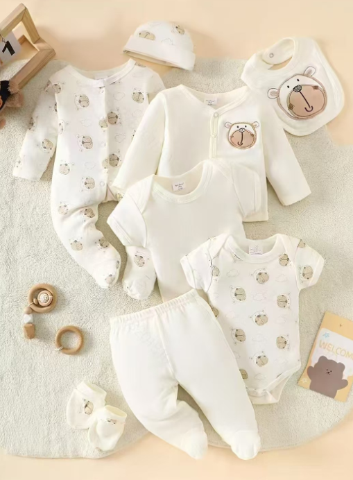 Primera muda 8 piezas estampada osito beige