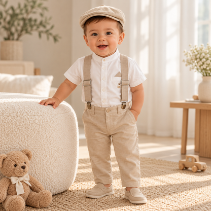 Conjunto formal cuello neru con tirantesboina en lino para niño