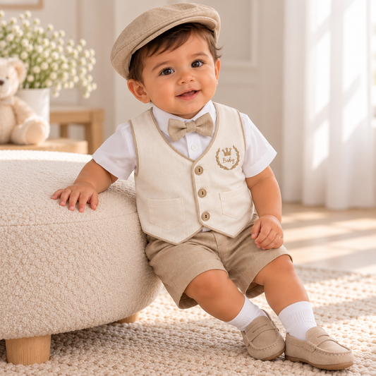 Conjunto formal de verano con chaleco y boina para niño