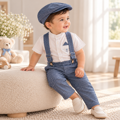 Conjunto formal cuello neru con tirantesboina en lino para niño