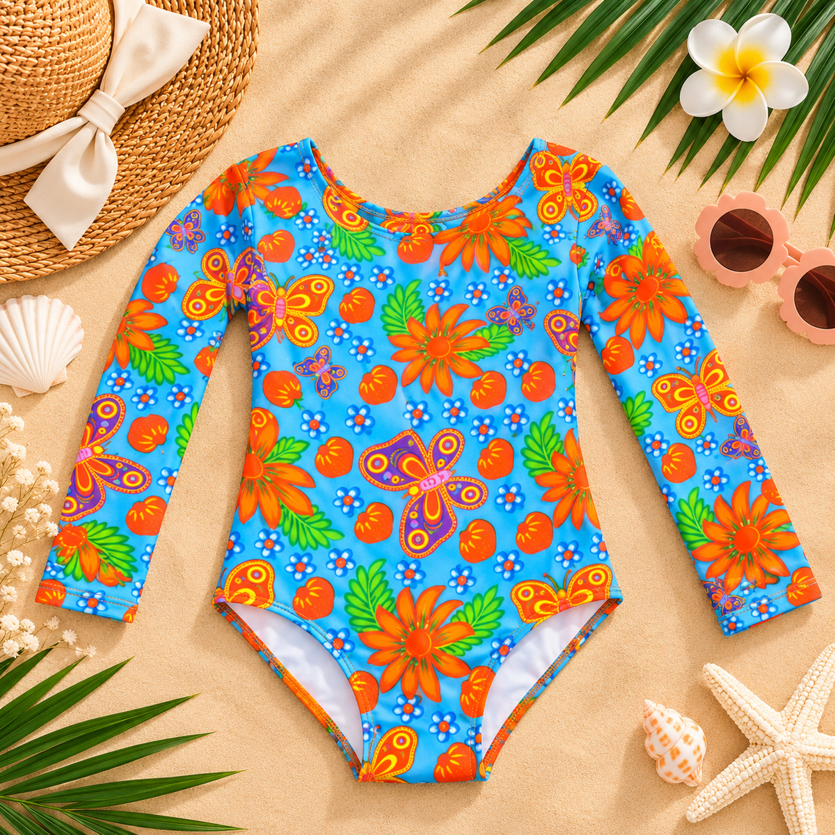 Traje de baño enterizo manga larga estampado para niña