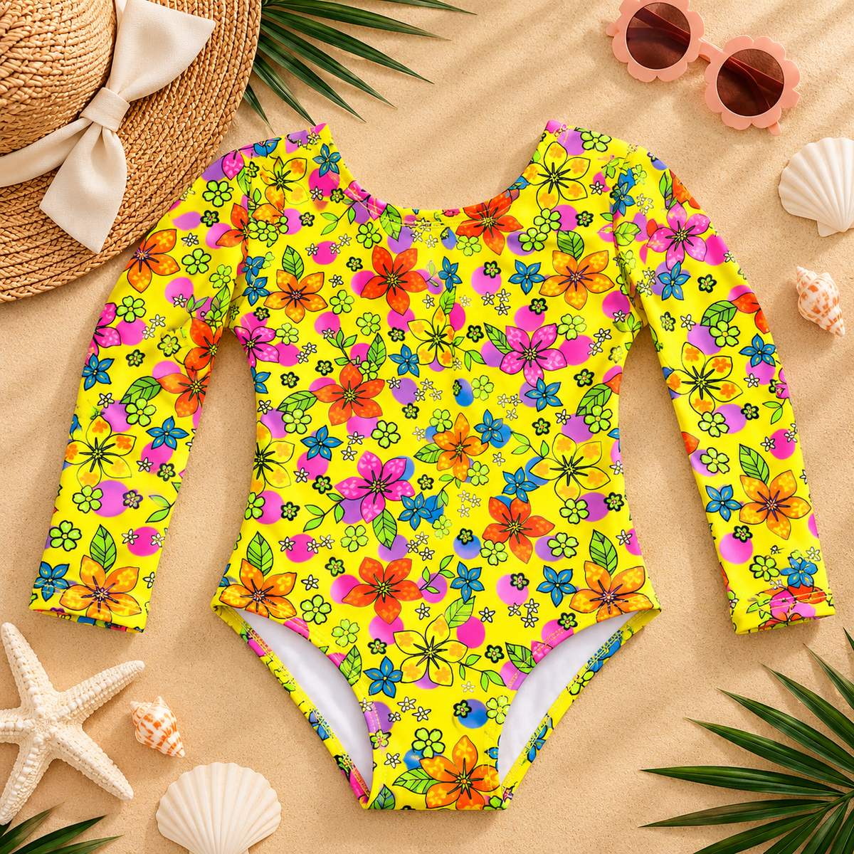 Traje de baño enterizo manga larga estampado para niña