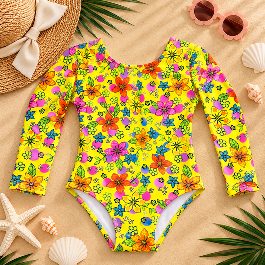 Traje de baño enterizo manga larga estampado para niña